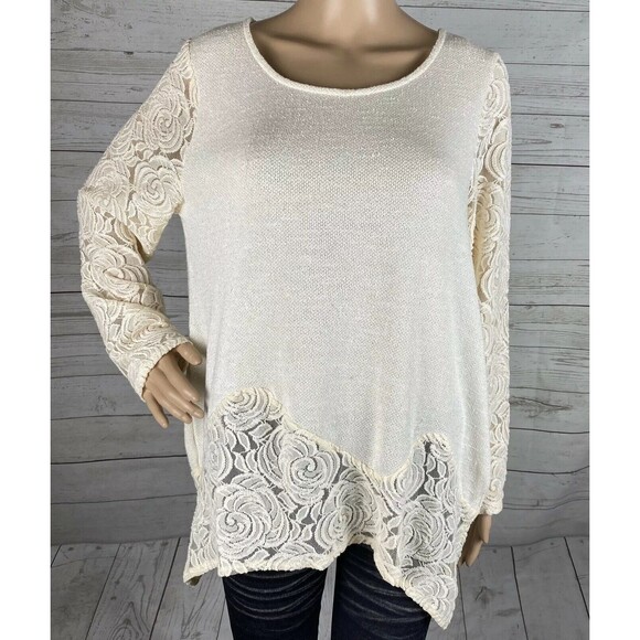Chico's Size 2 Sweater Ivory Thin Textured Knit Lace Sleeves - Picture 1 of 12